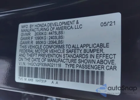 2021 Honda Accord Touring from USA, damaged, VIN 1HGCV2F93MA021118